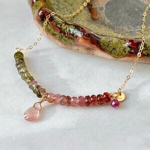 Gold Filled Watermelon Tourmaline Ombre Layering Necklace with Tiny Charms